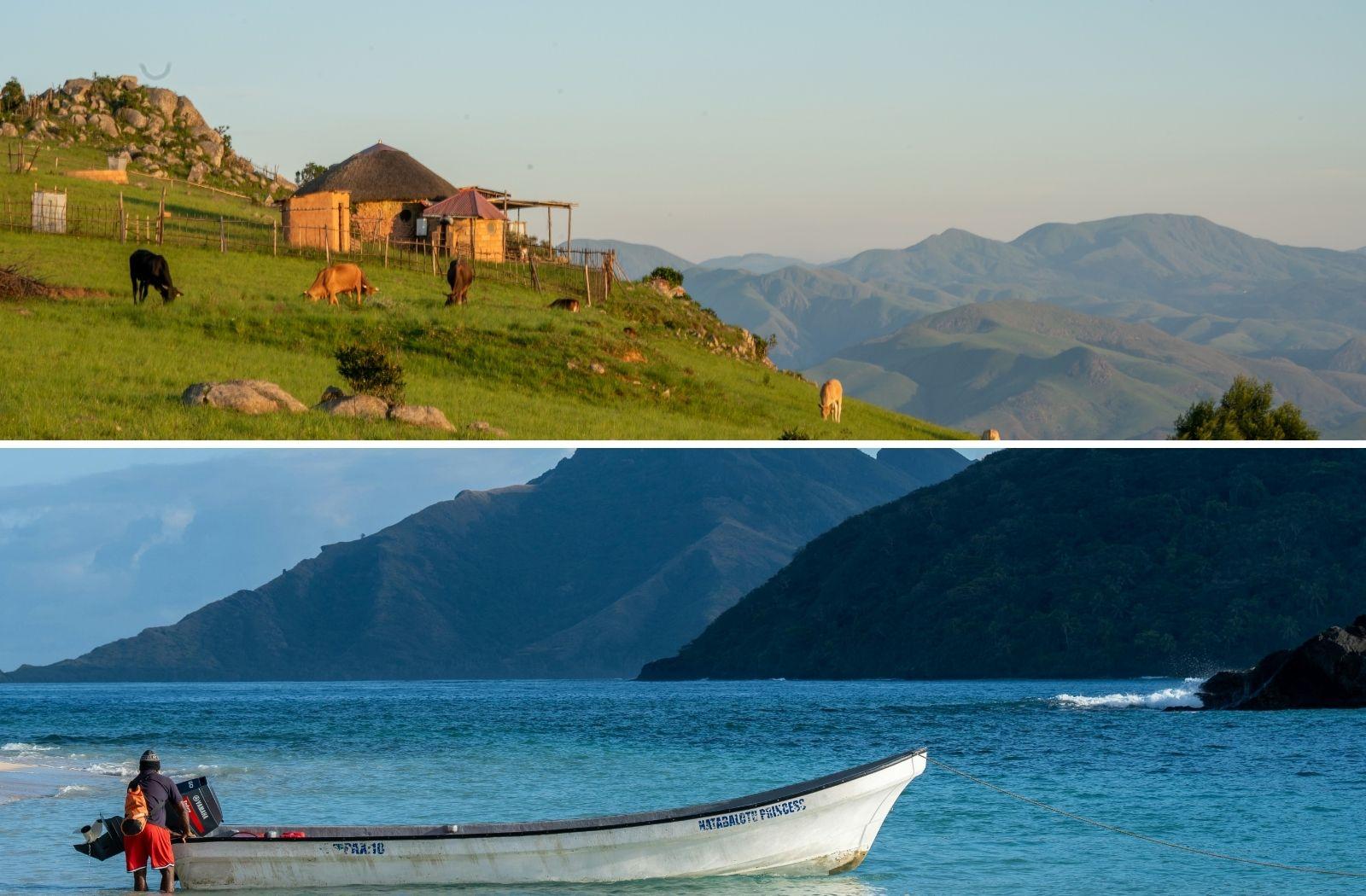Split image showing the mountains of Eswatini and the coastline of Fiji